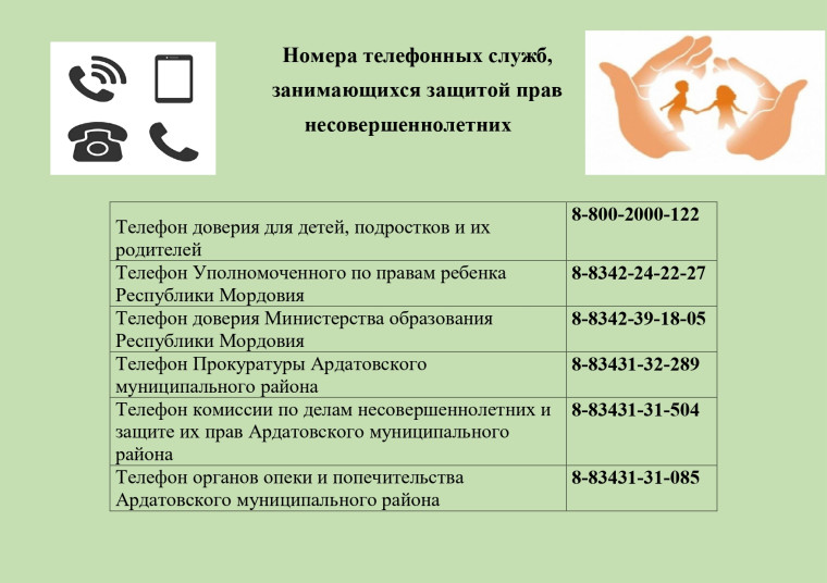 Номера телефонных служб, занимающихся защитой прав несовершеннолетних.